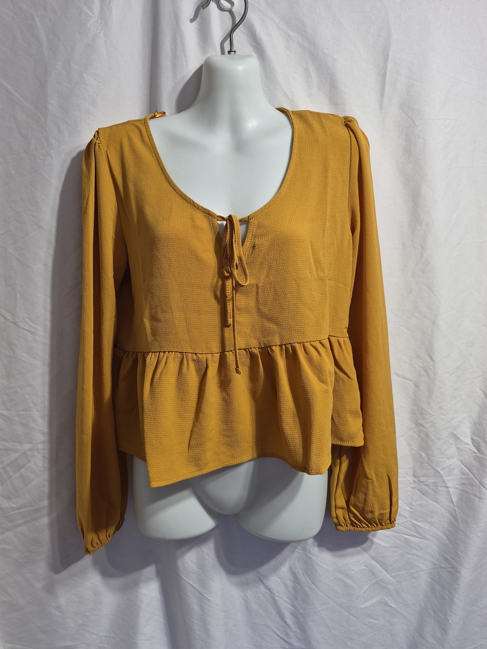Olive & Oak Mustard Peplum Tie-Neck Blouse, Size Small